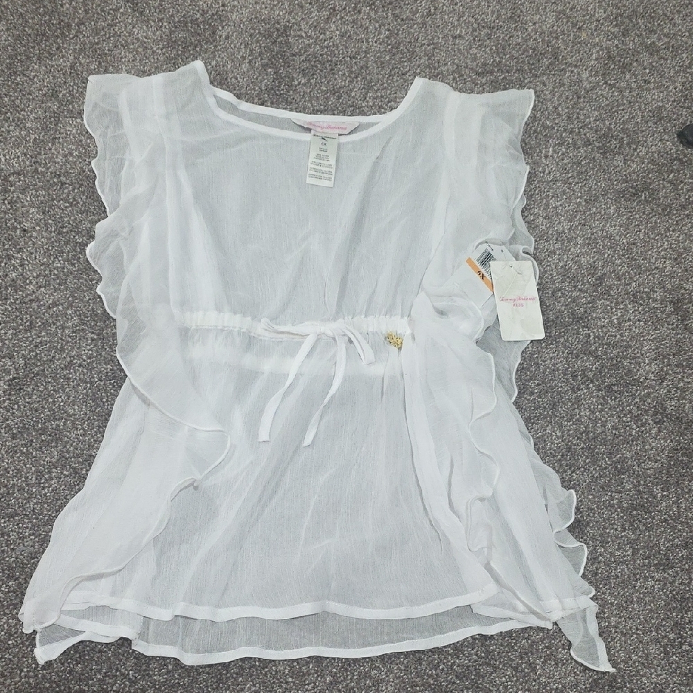 Tommy Bahama White Ruffled Puff Sleeve Coverup
